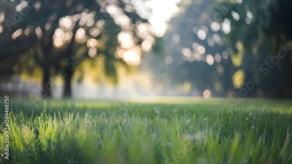 Fototapeta  Soft Focus Green Grass with Bokeh Sunlight Through Trees