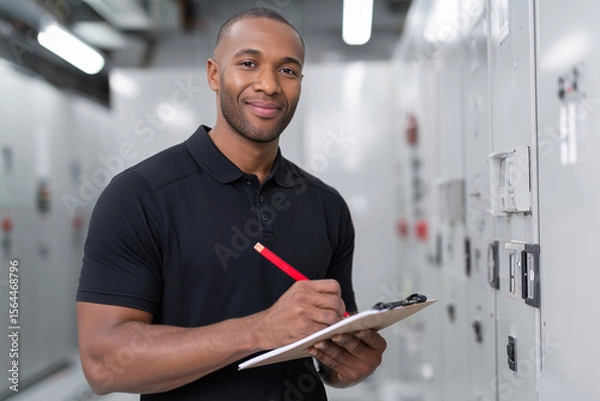 Fototapeta  A half black half white male electrician taking notes with a bright red pencil in front of an electrical panel, holding a pen and paper in his left hand while looking at the cam