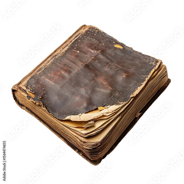 Fototapeta close-up of old worn out phone book lying open isolated white background, dark reddish brown textured leather cover and damaged frayed edges and yellowish pages, side [Transparent Background PNG].