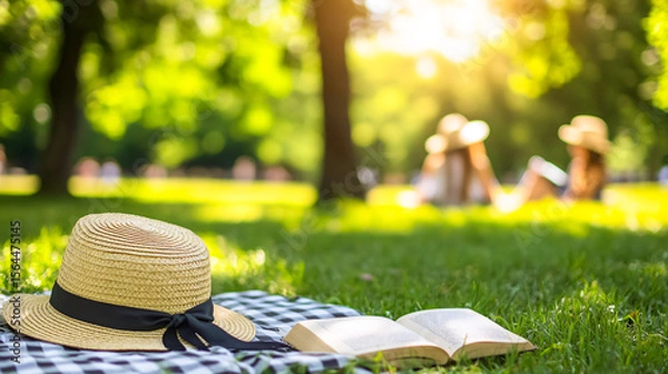 Fototapeta Enjoying a sunny picnic with a book and straw hat on a checkered blanket in a grassy park, perfect for summer relaxation