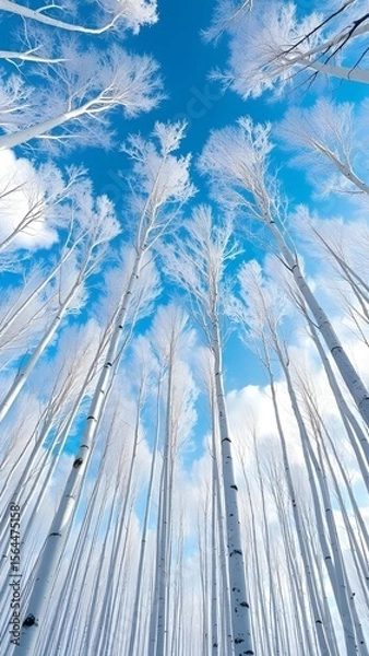 Fototapeta Upward View of Snowy White Trees in Winter Forest with Blue Sky