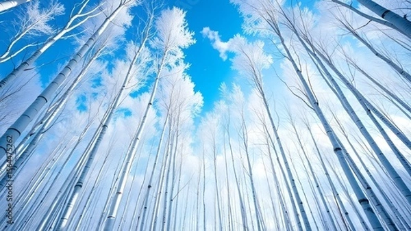 Fototapeta Looking Up at Winter Forest with Tall Bare Trees and Blue Sky