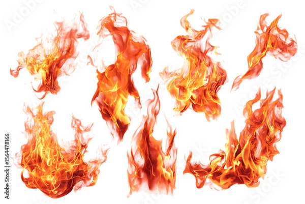 Fototapeta Collection of fire flames isolated on black background