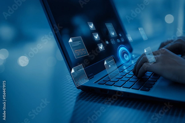 Obraz Person working on a laptop with digital data floating around