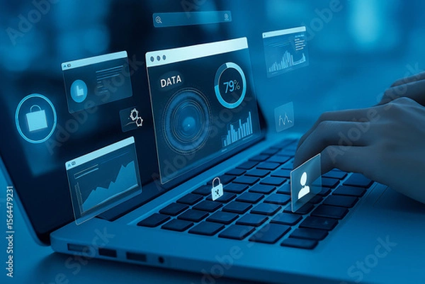 Obraz Hands typing on a laptop with data visualizations appearing on the screen