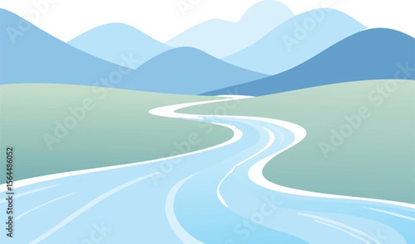 Fototapeta Vector Peaceful Valley Scene Featuring Winding River and Layered Hills in Atmospheric Perspective