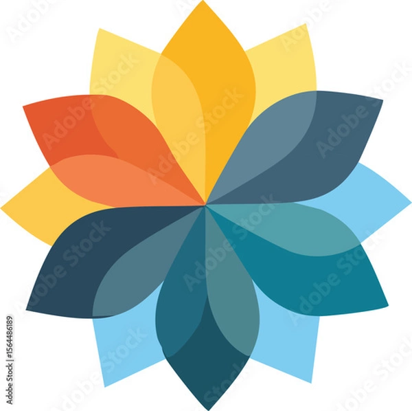 Fototapeta Vector Overhead View of Modern Symmetrical Flower Featuring Red, Yellow, and Blue Petals in a Balanced Layout