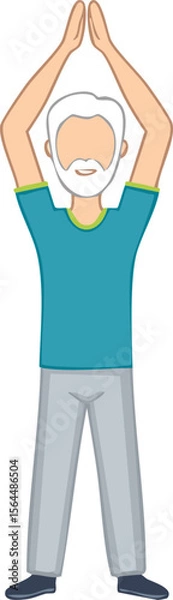 Fototapeta Vector Illustration of Happy Older Man in Bright Clothes Doing Fitness Pose with Raised Hands