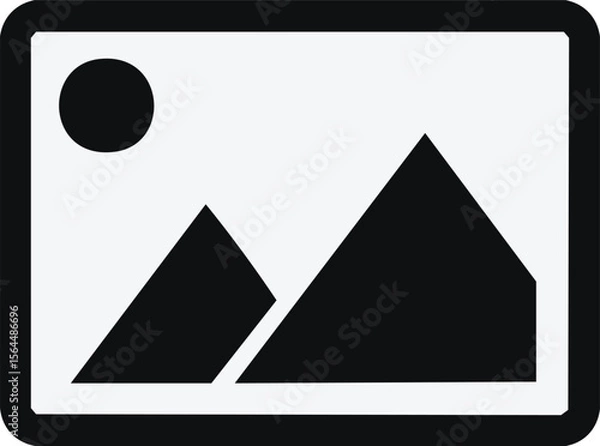 Fototapeta Vector Stylized Black Mountain Peaks and Sun Icon in Flat Geometric Design with Rounded Frame