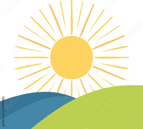 Fototapeta Vector Simplified Morning Scene with Circular Sun and Overlapping Hills in Flat Illustration Style