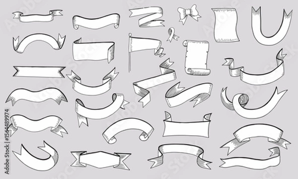 Fototapeta Set of ribbon text boxes in style of vintage and hand drawn. Flag shape labels. Vector and illustration.