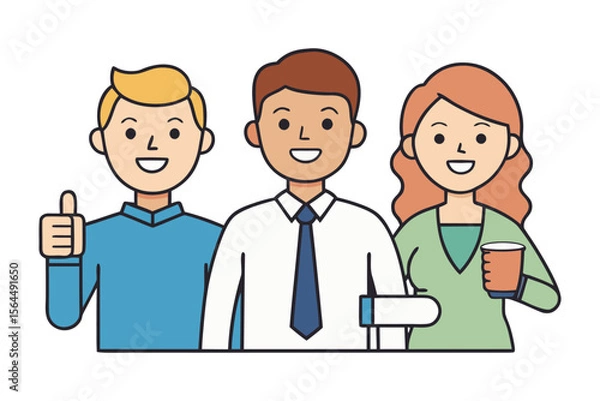 Fototapeta Diverse group of three smiling cartoon professionals one giving a thumbs up and another holding a coffee cup representing teamwork and success