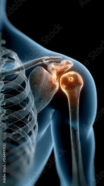 Fototapeta Medical illustration showing the shoulder joint with pain and inflammation, highlighted in orange