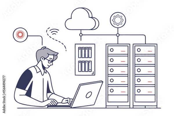 Fototapeta It professional managing cloud infrastructure and servers from a laptop illustrating digital transformation and network operations