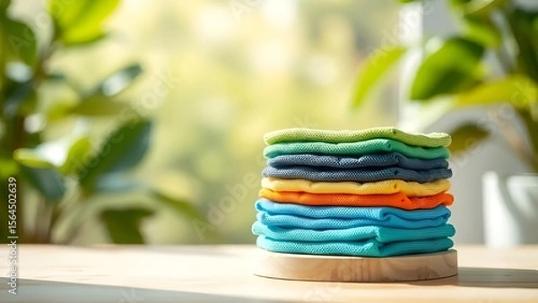 Fototapeta Colorful Folded T-Shirts Stack on Wooden Table with Natural Light