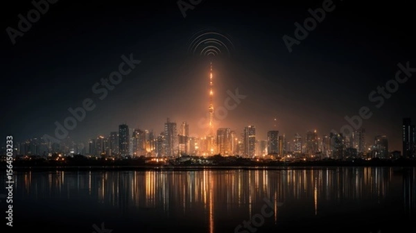 Fototapeta Dramatic skyline illumination with tower transmitting waves across the water