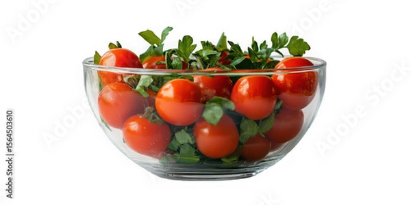 Obraz Fresh ripe cherry tomatoes and green herbs in a clear glass bowl isolated on transparent background