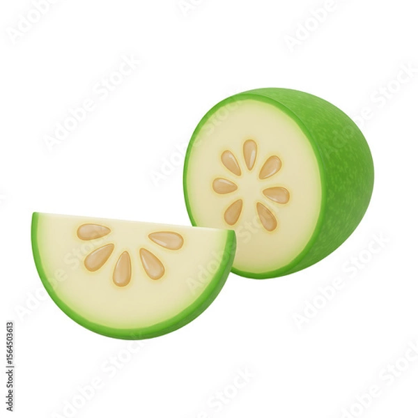 Obraz A sliced green fruit, likely a guava, with seeds visible in the cross-section.