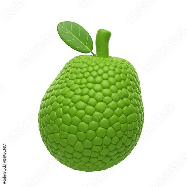 Obraz A 3D render of a green jackfruit with a stem and a single leaf, isolated on a white background.