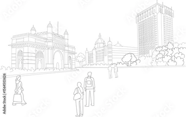 Obraz Minimalist line art of Mumbai's Gateway of India and city skyline, depicting Indian culture and urban life with pedestrians.