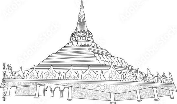 Obraz Intricate black and white line drawing of the iconic Global Vipassana Pagoda, a symbol of peace and spiritual tranquility.