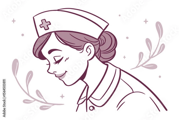 Obraz A gentle nurse with a kind smile and a classic cap adorned with a red cross surrounded by delicate floral elements and sparkles