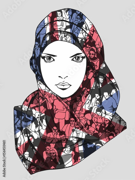 Obraz Illustration of muslim girl wearing united kingdom flag as scarf with texture of demonstrating crowd