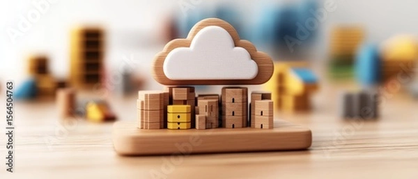 Obraz Miniature cloud storage model with wooden buildings and data blocks representing cloud computing concept