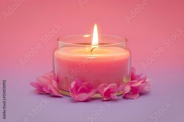 Fototapeta A beautifully lit pink candle sits in a clear glass jar, surrounded by scattered pink flower petals. The background transitions from a soft pink to a light purple.