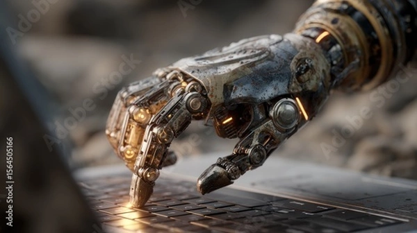 Fototapeta Futuristic robotic hand typing on a keyboard, technological integration