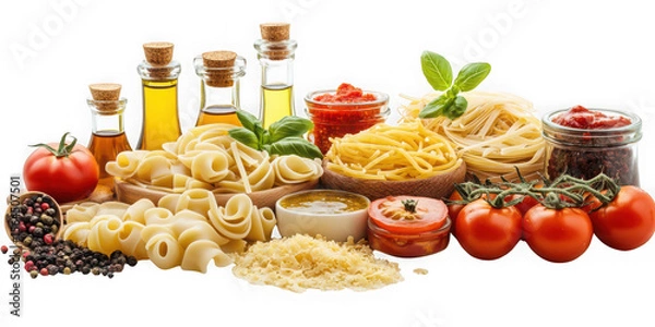 Obraz Assortment of italian pasta ingredients and olive oil bottles isolated on transparent background