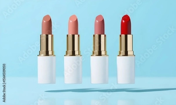 Fototapeta Four lipsticks in a palette of nude and red shades levitating in a row against a bright blue background. A clean, modern product shot for cosmetics, showcasing a colorful makeup palette and lu