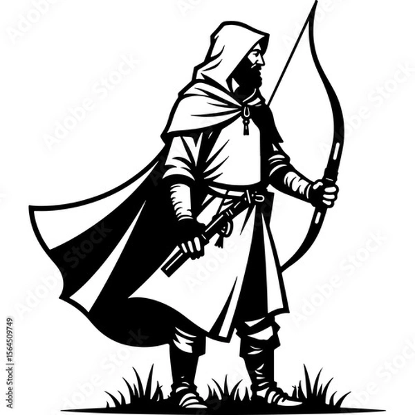 Fototapeta Sketchy emblem of medieval hunter dressed in a cloak holds a bow in his lowered hand. Engraving minimalistic vector in black ink drawing on transparent background