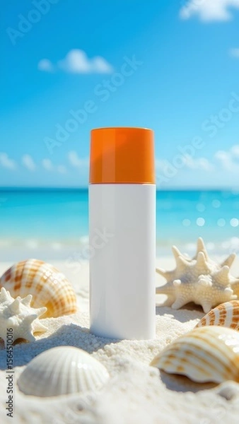 Fototapeta Sunscreen bottle mockup with an orange cap sits on a sunny tropical beach surrounded by seashells. A beautiful turquoise ocean and blue sky provide a blurred background for this skin