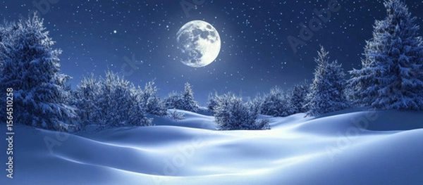 Fototapeta Winter night on the left. Snowy meadow with fir trees at night. Big moon in the sky above the snowy meadow