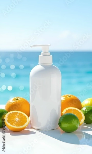 Fototapeta A white pump bottle mockup for cosmetic products, surrounded by fresh oranges and limes. Set on a sunny table with a beautiful sparkling blue ocean background, conveying a fresh, natural
