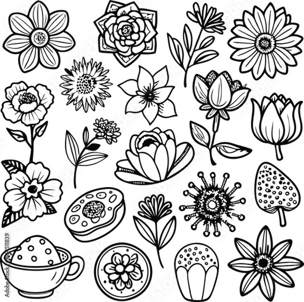 Fototapeta Black and White Flower Line Art Collection: Floral Vector Illustration, Botanical Designs