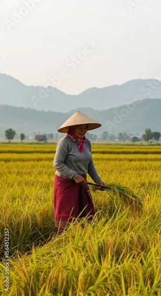 Obraz farmer harvesting rice carrying a sickle with mountains in the background