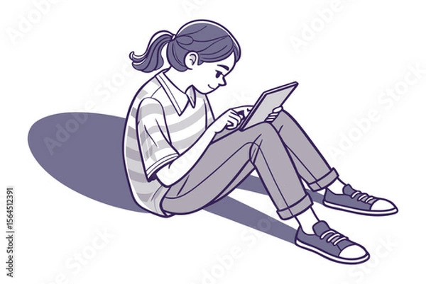 Fototapeta Young girl with ponytail sitting cross legged on the floor engrossed in using a digital tablet computer with a stylized shadow