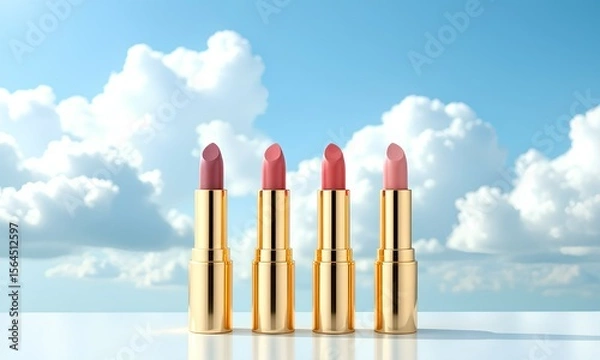 Fototapeta Four luxurious lipsticks in shiny gold cases stand in a row on a reflective surface. This cosmetic product display, with various pink shades, is set against a beautiful blue sky and clo