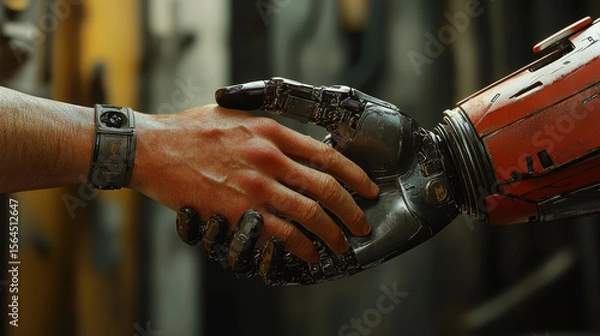 Fototapeta A handshake between a robot and a human. Steampunk style.
