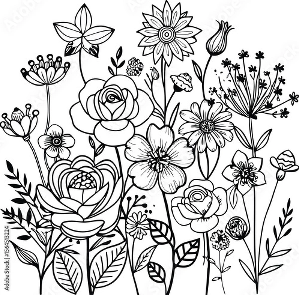 Obraz Black and White Flower Line Art Illustration: Floral Design, Botanical Drawing, Coloring Page