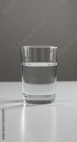 Obraz Minimalist and modern photo of a glass of water on a white table with light reflections captured with a creative lens angle, no overlapping elements