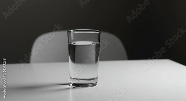 Obraz Minimalist and modern photo of a glass of water on a white table with light reflections captured with a creative lens angle, no overlapping elements