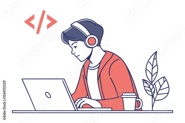 Fototapeta Young person wearing headphones focused on a laptop with coding symbols and a plant nearby representing digital work and learning