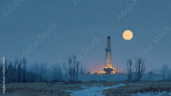 Fototapeta Oil drilling rig illuminated against the backdrop of a dusky twilight sky
