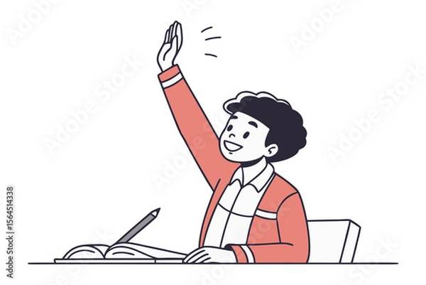 Fototapeta Enthusiastic student with curly hair raises hand to answer a question in class while sitting at a desk with a book and pencil