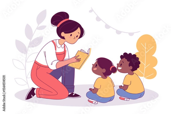 Fototapeta A kind teacher reads a story to two eager young students sitting on the floor in a classroom setting