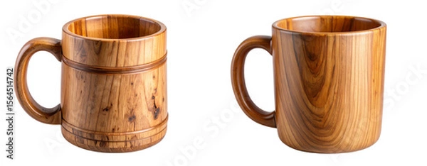 Obraz  Rustic hand-carved wooden mug with deep grain and curved handle, isolated on transparent background PNG