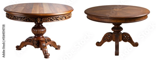 Obraz  Ornate Round Wooden Table with Detailed Carved Pedestal, isolated on a transparent background